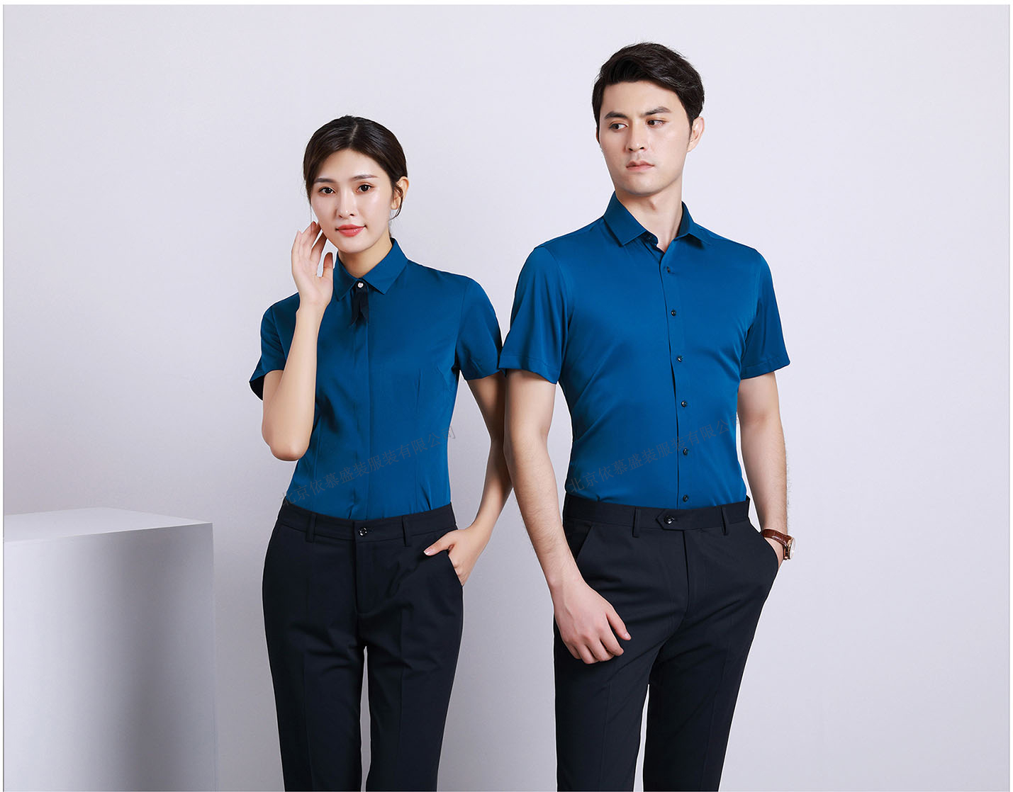 衬衫定制 时尚衬衫男女士夏季 宝蓝色短袖衬衫